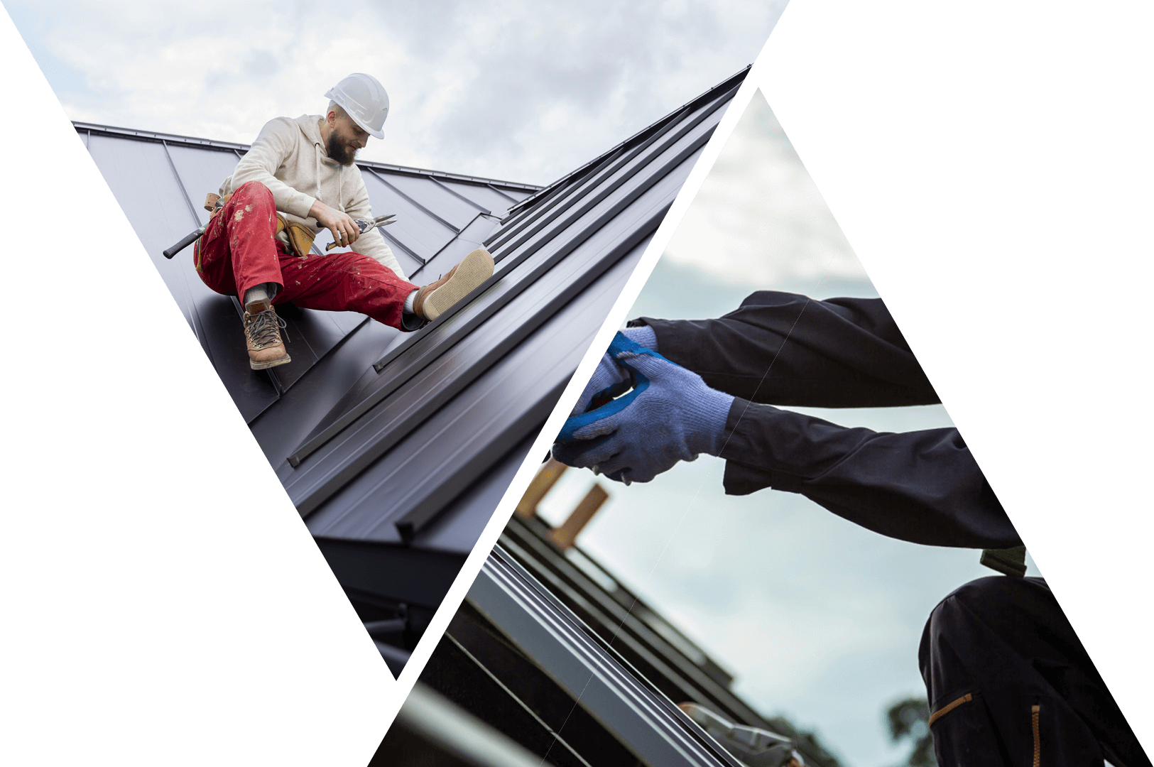 Roofing contractor working on a metal roof, showcasing expert craftsmanship and high-quality materials, with a focus on safety and precision in roofing services.