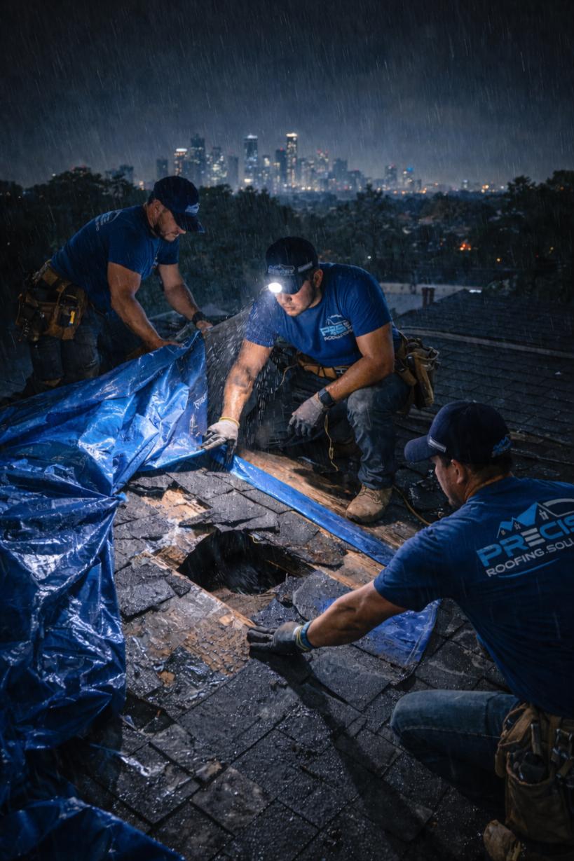 Three roofers from Precise Roofing Solutions working in the rain to secure a damaged roof with a blue tarp, showcasing emergency roofing repair services in Conroe, TX.