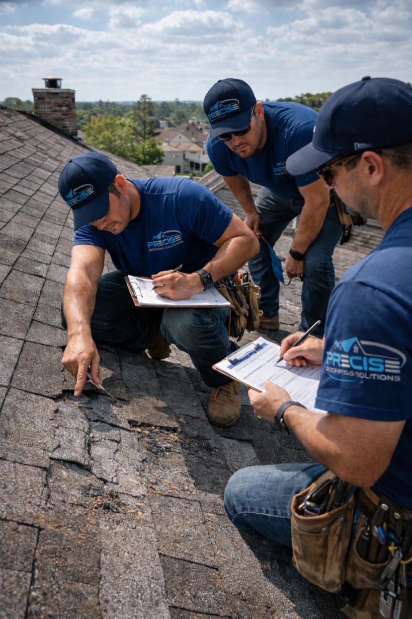 Three roofing professionals from Precise Roofing Solutions inspecting and assessing storm damage on a residential roof in Conroe, TX, with clipboards and tools, emphasizing emergency roof repair services.