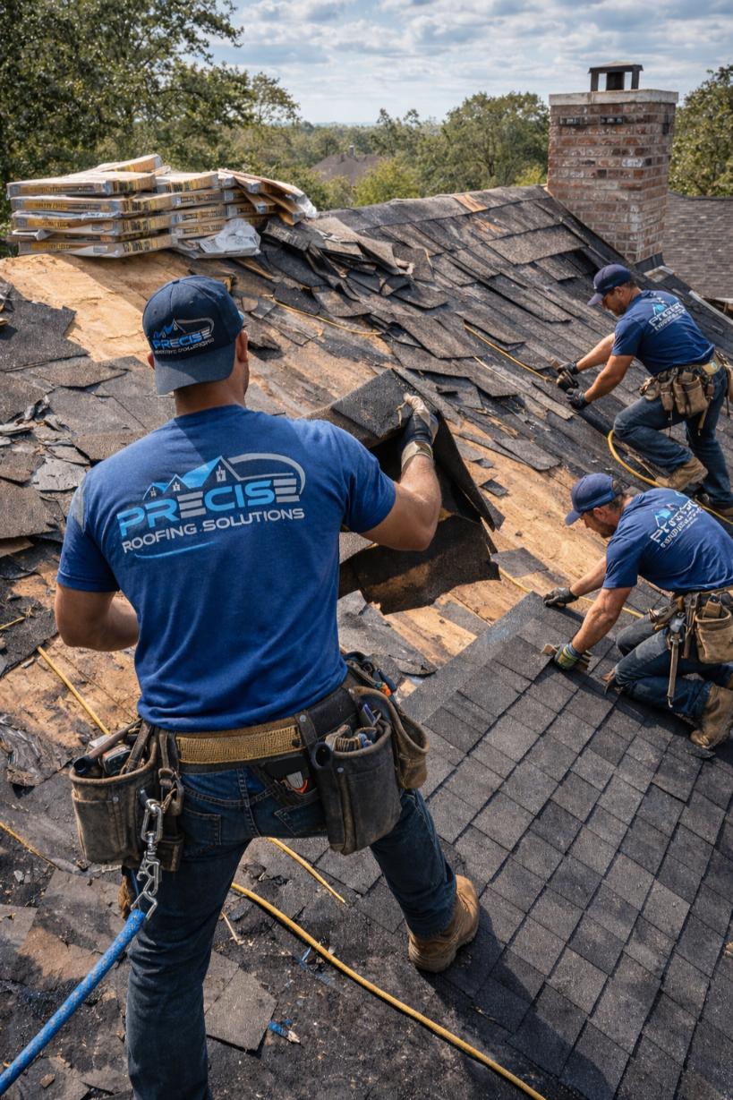 Roofing professionals from Precise Roofing Solutions replacing shingles on a residential roof in Conroe, TX, showcasing quality workmanship and durable materials.