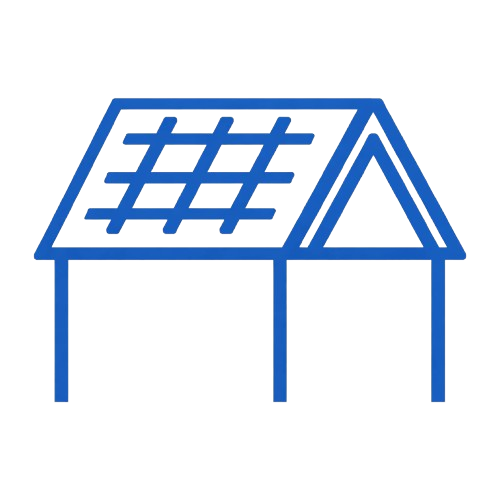 Roofing icon featuring a house silhouette with a solar panel design, representing energy-efficient roofing solutions offered by Precise Roofing Solutions.