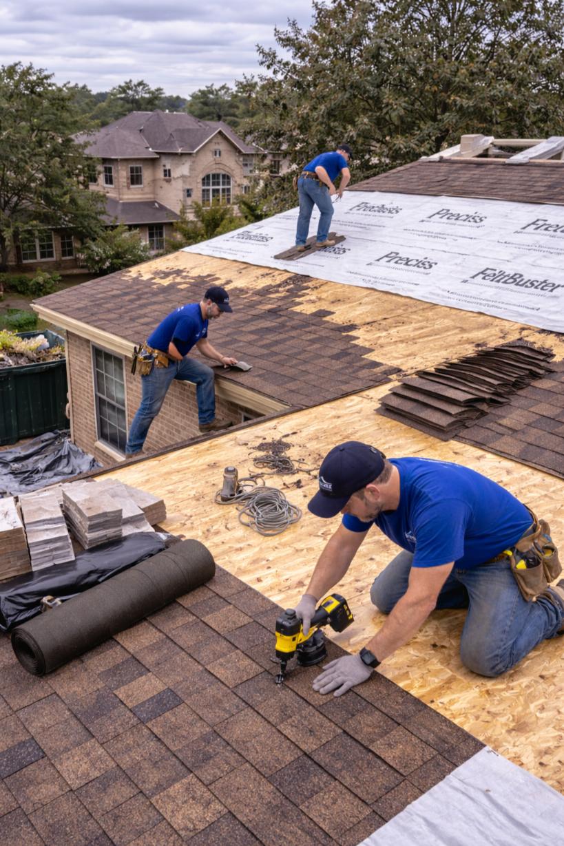 Roofing professionals installing asphalt shingles on a residential roof in Kingwood, TX, with visible roofing materials and tools, showcasing the roof replacement process by Precise Roofing Solutions.