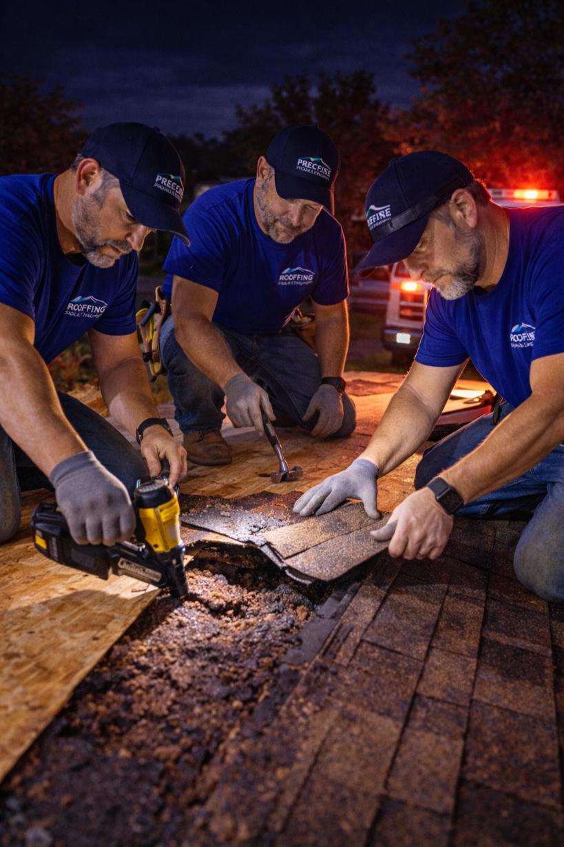 Three roofing professionals from Precise Roofing Solutions working on a roof repair at night, using tools to replace damaged shingles and secure the roofing material.