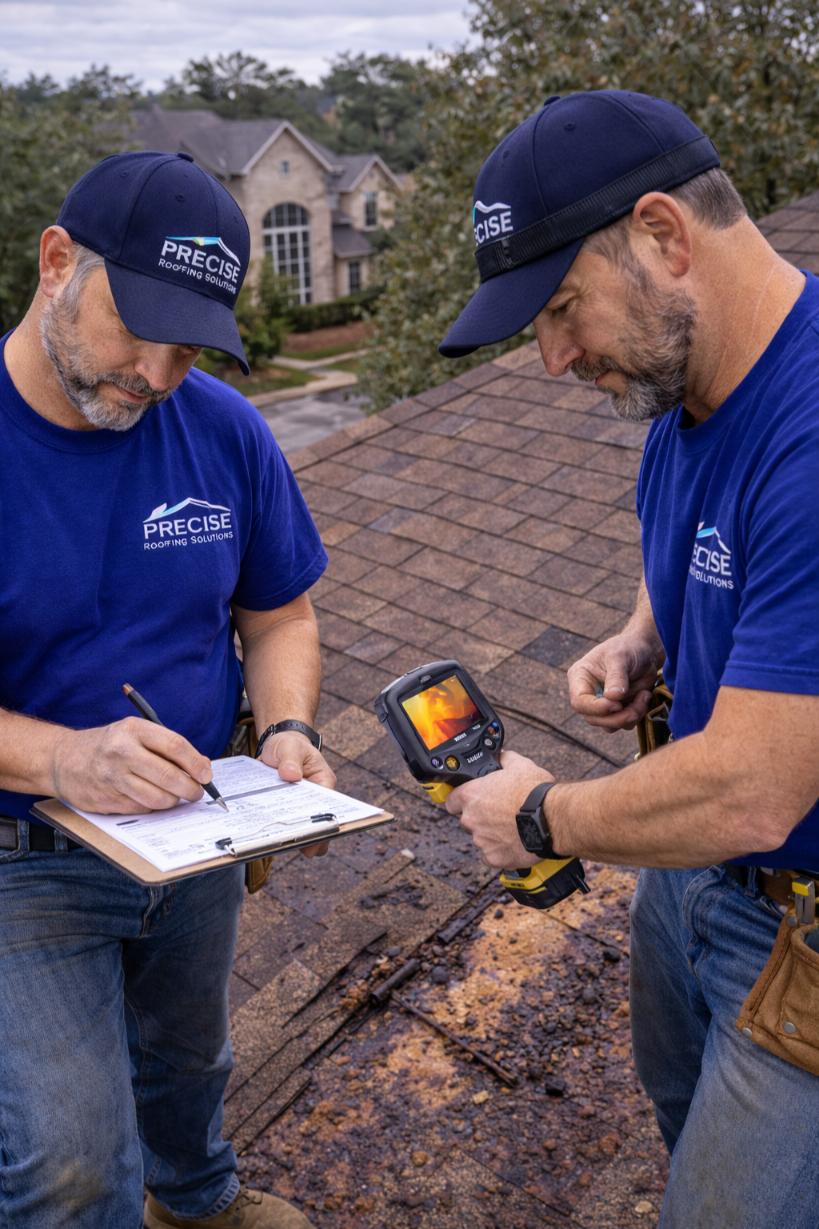 Two Precise Roofing Solutions technicians inspecting a roof, one taking notes on a clipboard while the other uses an infrared camera to assess potential damage, showcasing emergency roofing inspection services in Kingwood, TX.