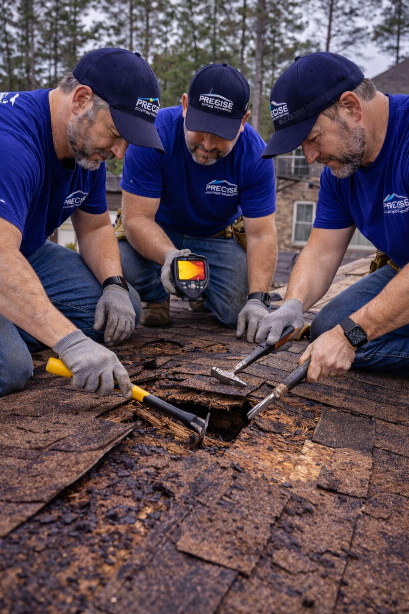 Three roof repair technicians from Precise Roofing Solutions inspecting and repairing damaged shingles on a residential roof, using tools and a thermal imaging device to assess storm-related damage in Magnolia, TX.