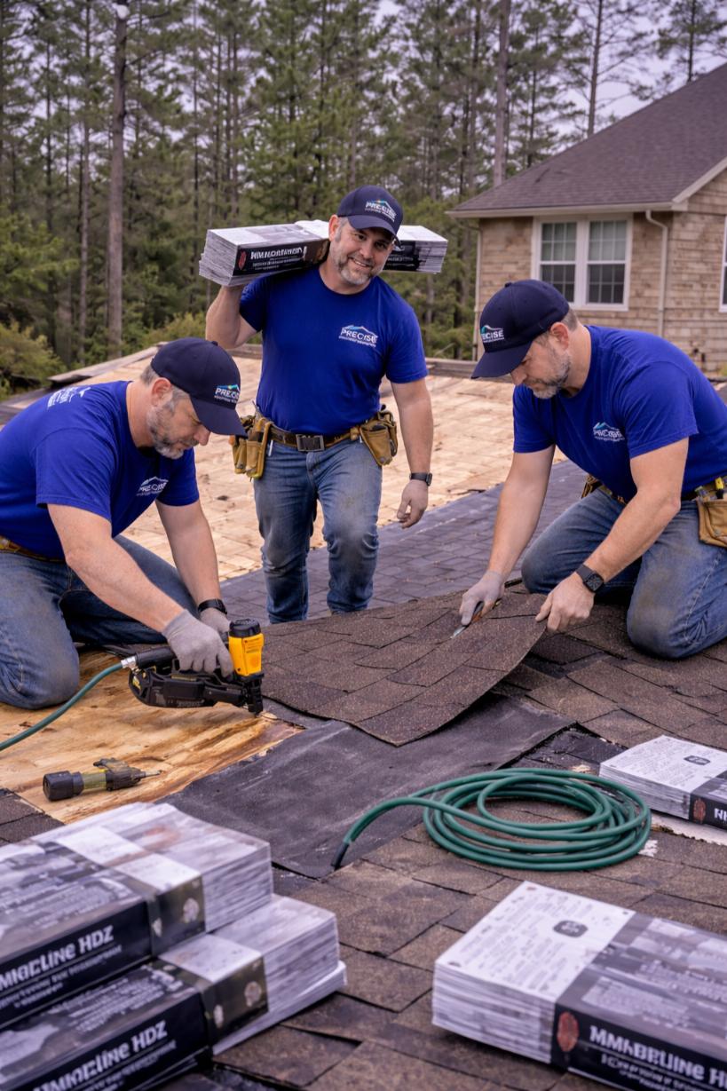 Three roofing professionals from Precise Roofing Solutions installing asphalt shingles on a roof in Magnolia, TX, with roofing materials and tools visible.