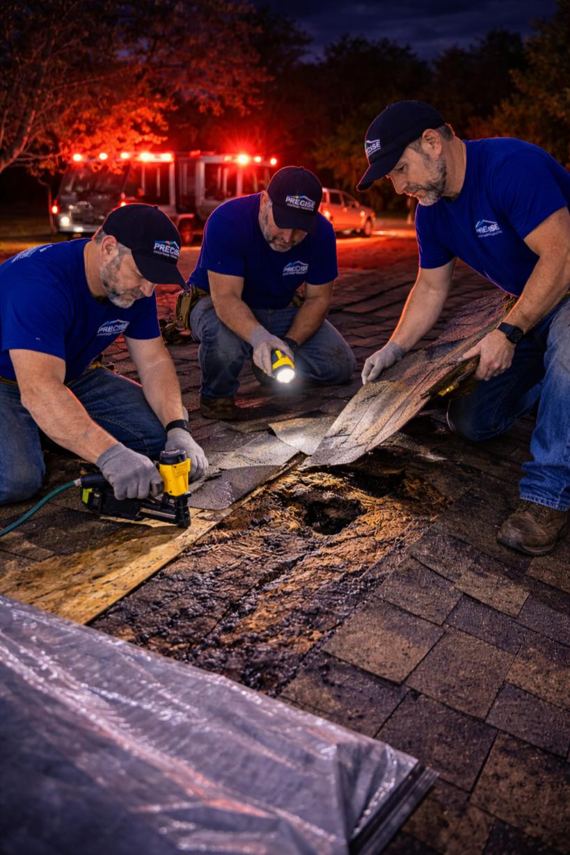 Three Precise Roofing Solutions technicians conducting emergency roof repair at night, using tools to assess and fix a damaged area on a roof, with emergency vehicle lights in the background.