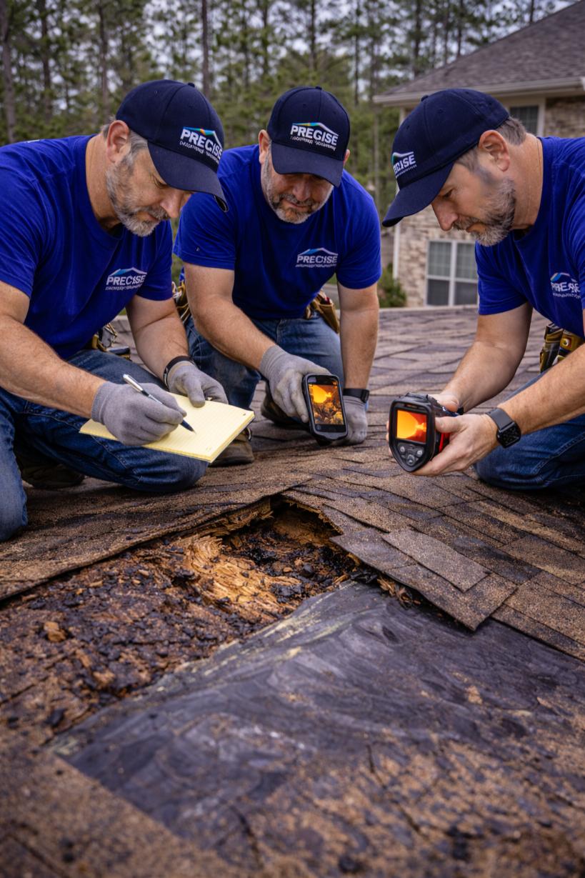 Three roofing technicians from Precise Roofing Solutions inspecting damaged shingles on a roof, one taking notes, another using a moisture meter, highlighting emergency roof repair services in Magnolia, TX.