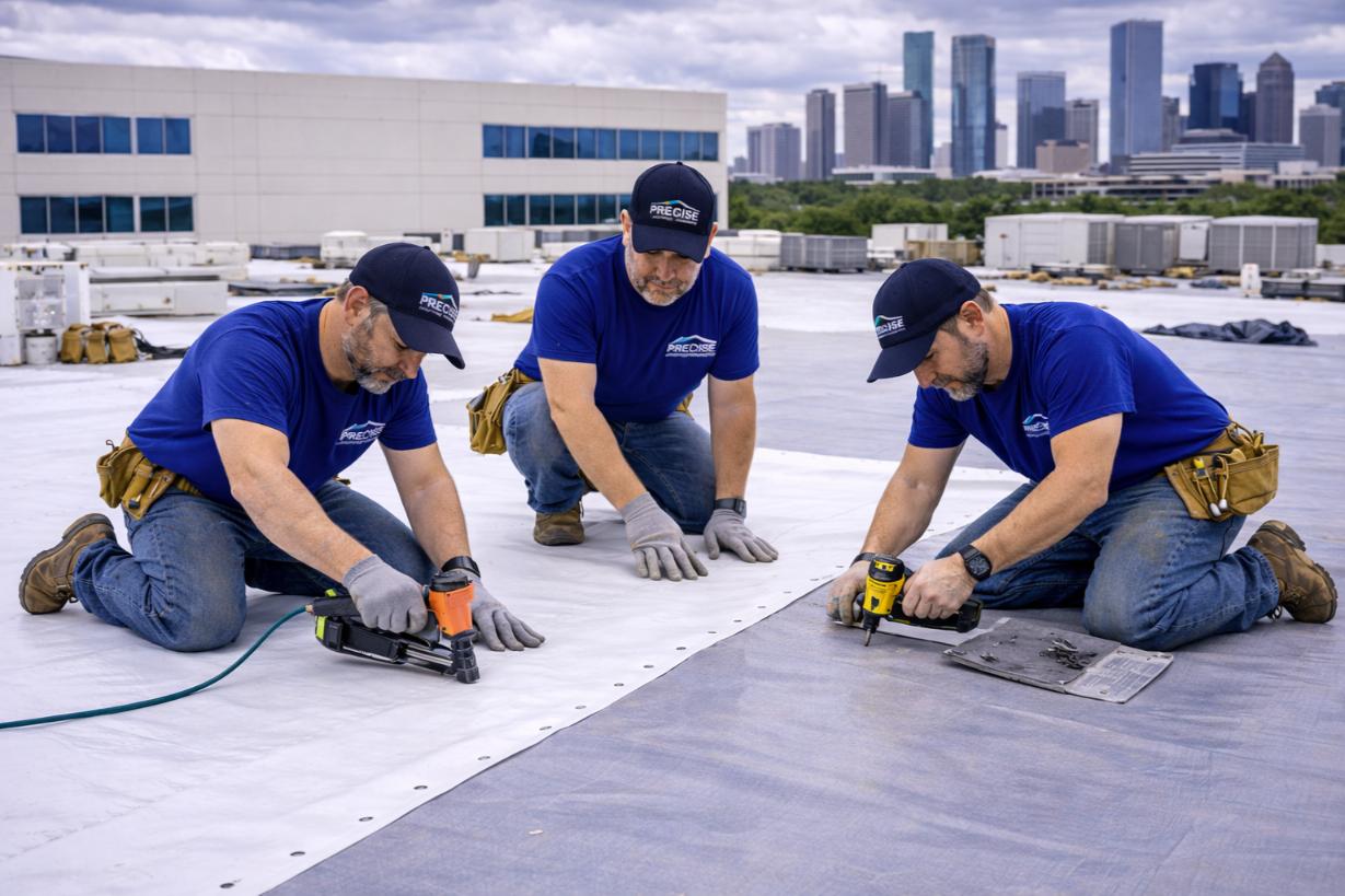 Three roofing professionals from Precise Roofing Solutions working on a commercial roof, using tools to secure roofing materials in a cityscape setting.