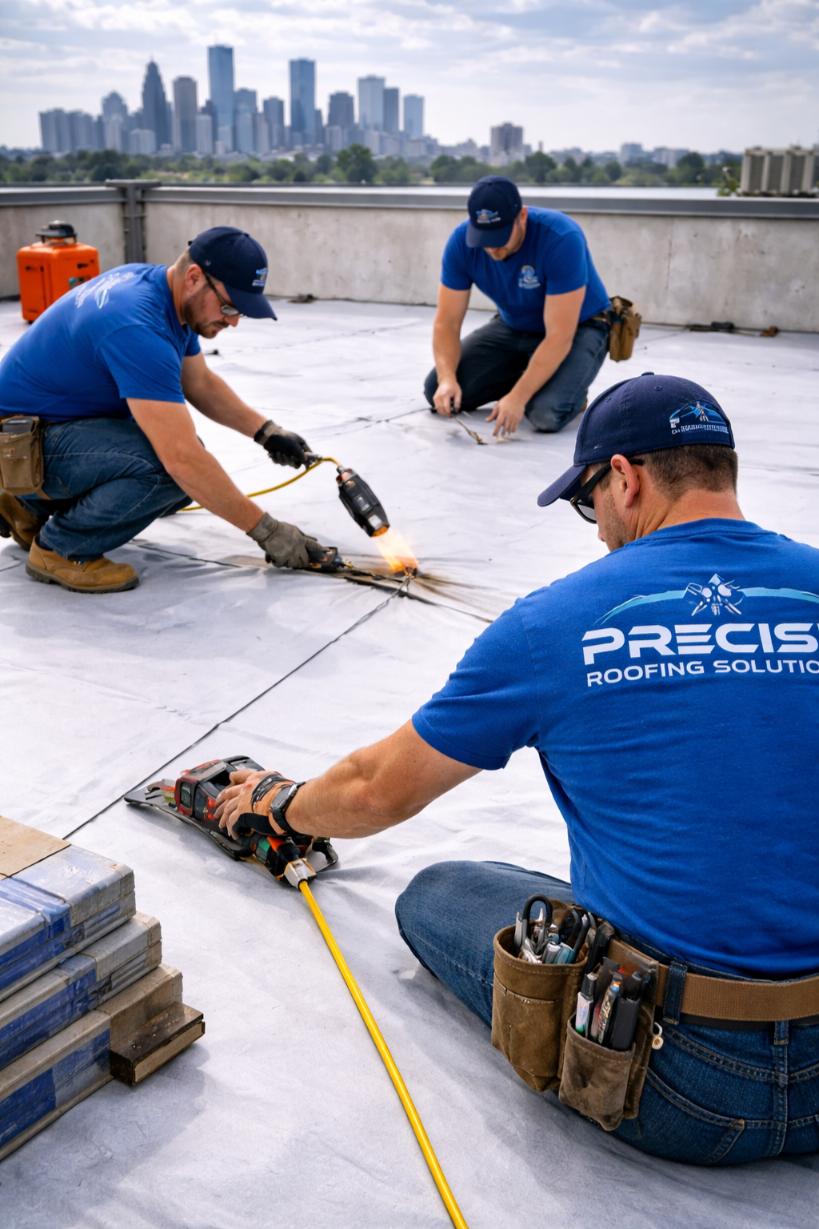 Three roofing professionals from Precise Roofing Solutions working on a rooftop in Spring, TX, using tools for roof repair, with a city skyline in the background.