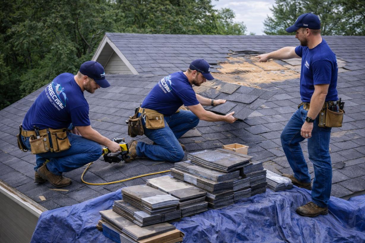 Three roofing professionals from Precise Roofing Systems working on a roof, installing shingles, with stacks of roofing materials and tools visible.