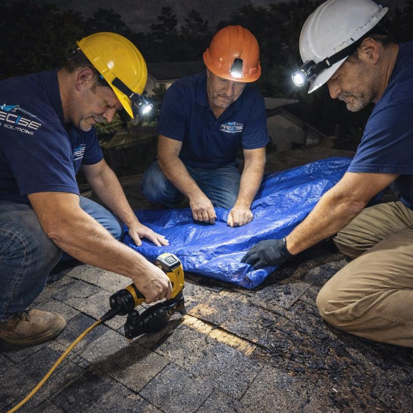 Three roofing professionals from Precise Roofing Solutions performing emergency repairs on a damaged roof at night, using tools and a blue tarp for protection.