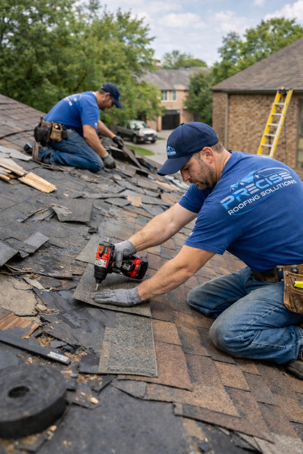 Roofing professionals from Precise Roofing Solutions repairing shingles on a residential roof in Cypress, TX, using power tools and high-quality materials.