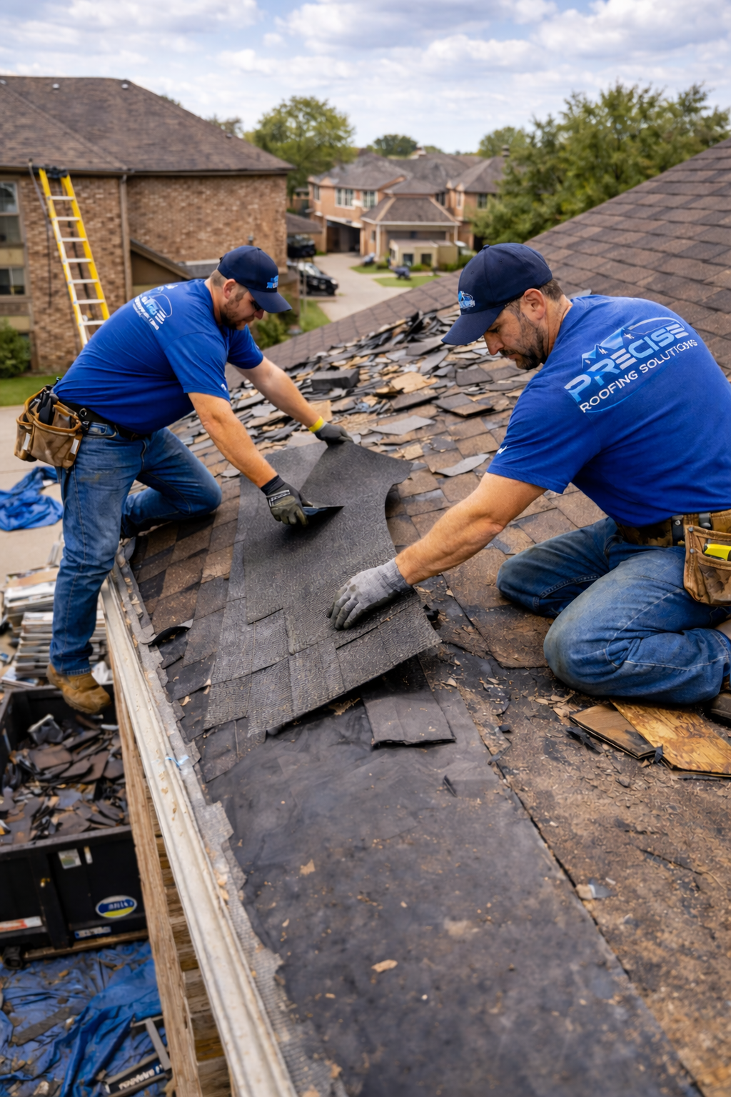 Two roofers from Precise Roofing Solutions installing asphalt shingles on a residential roof in Cypress, TX, with debris and tools visible, emphasizing professional roof replacement services.