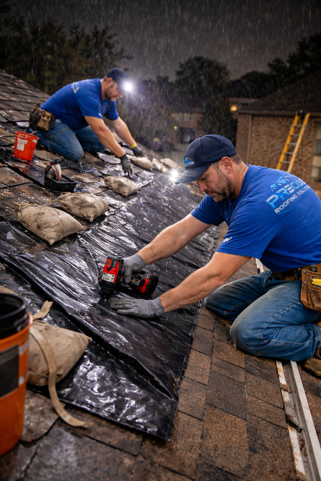 Two roofers from Precise Roofing Solutions working on a wet roof, installing protective materials during a storm, showcasing emergency roofing repair services in Cypress, TX.