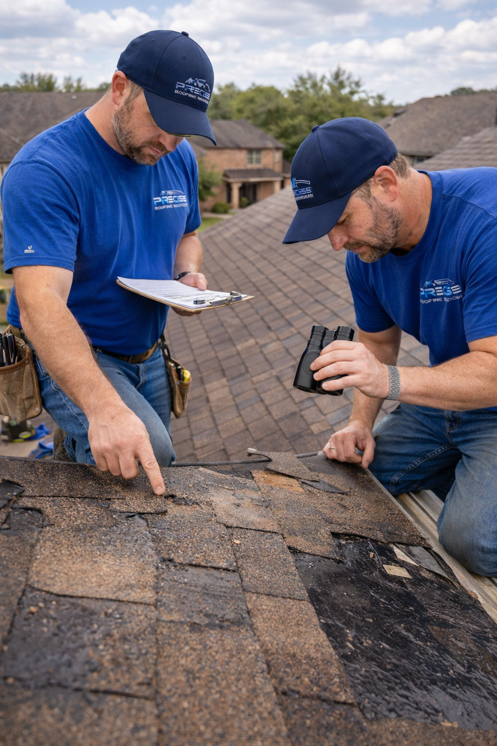 Two roofing professionals inspecting damaged shingles on a residential roof, one pointing at the damage while the other holds a flashlight, emphasizing emergency roof repair services in Cypress, TX.