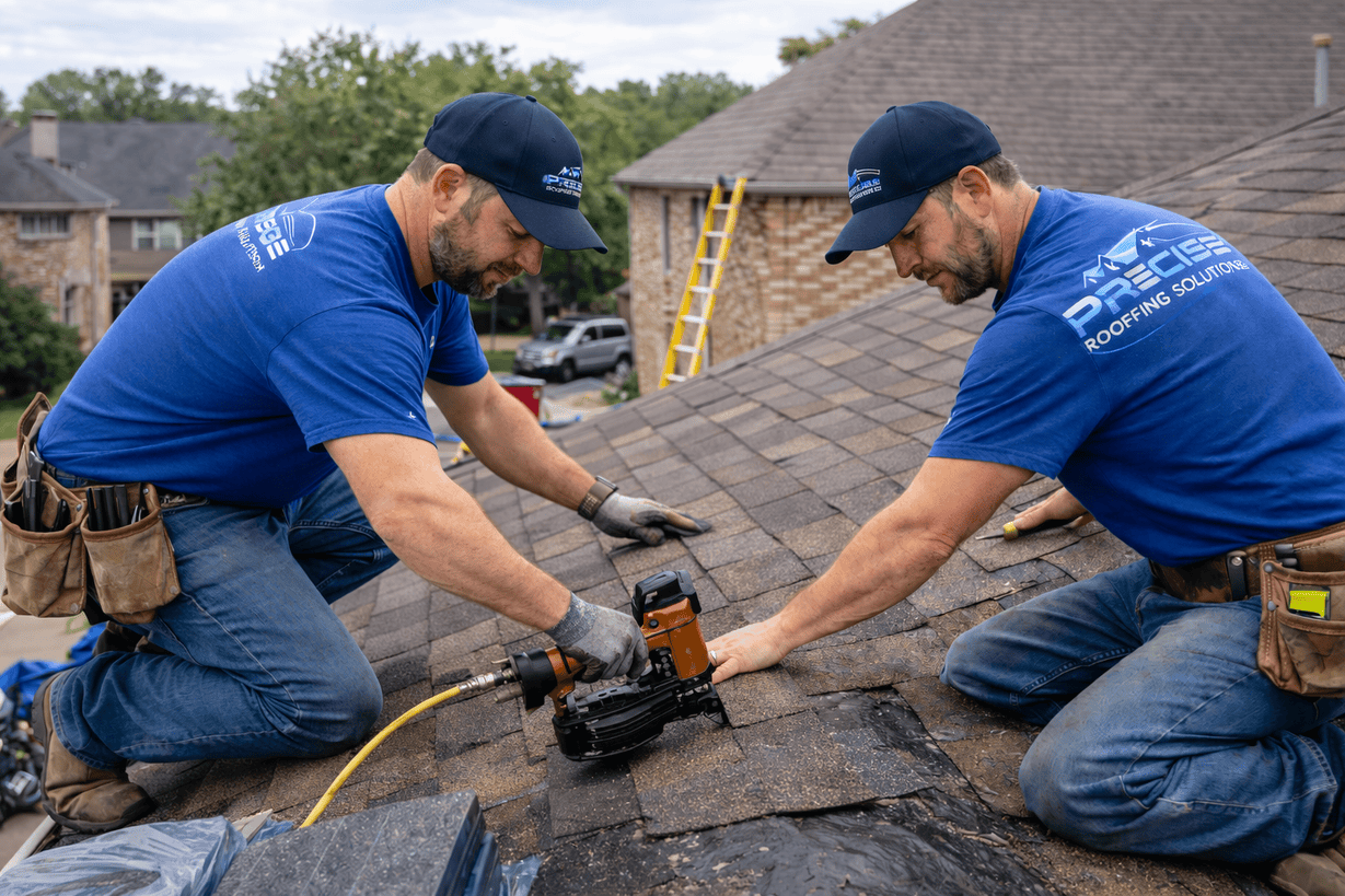 Two roofing professionals installing asphalt shingles on a residential roof, using a nail gun and demonstrating precision in their work, with tools and roofing materials visible on the roof.