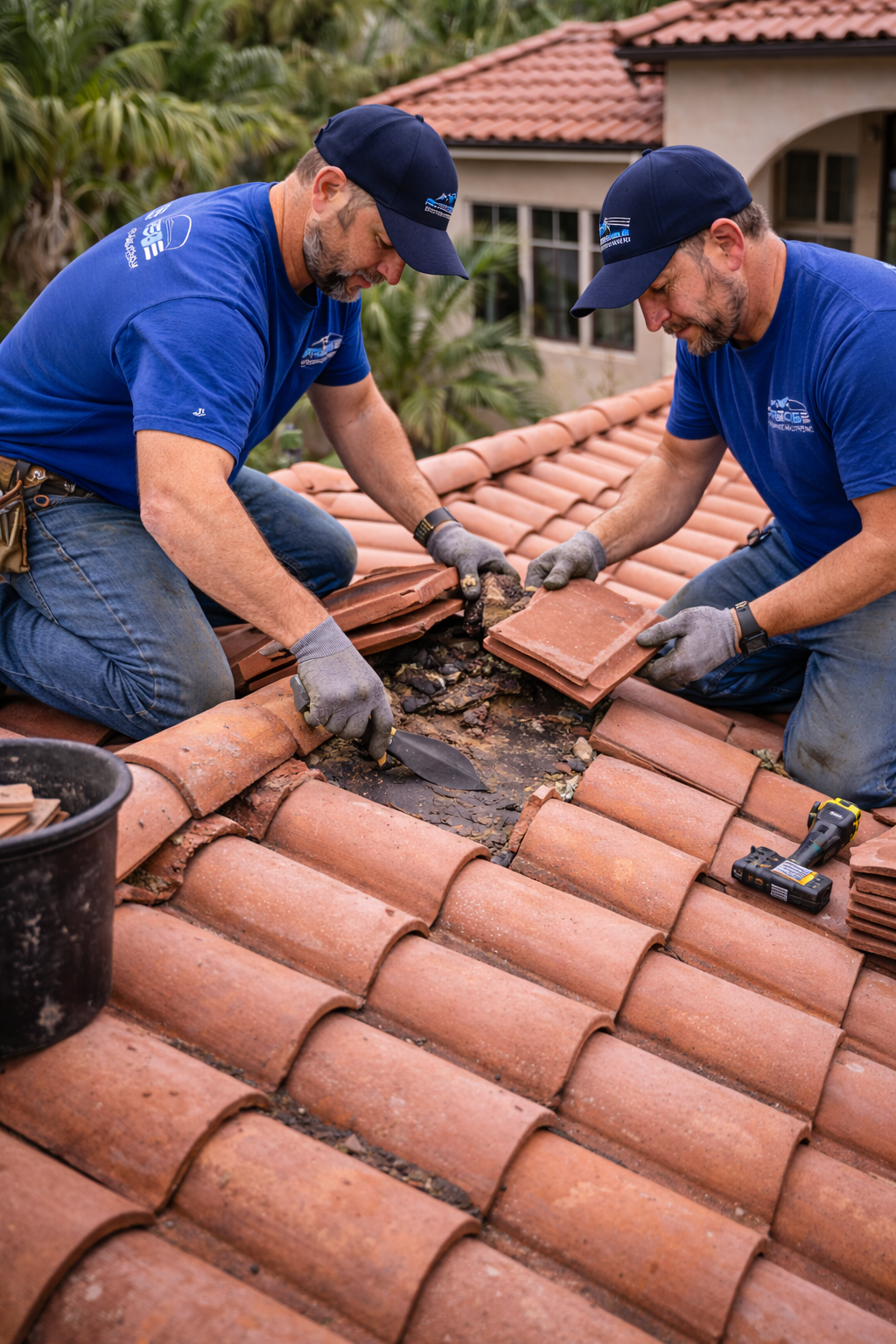 Two roofers repairing a tile roof, replacing damaged tiles and inspecting for issues, emphasizing roof repair services in Humble, TX.