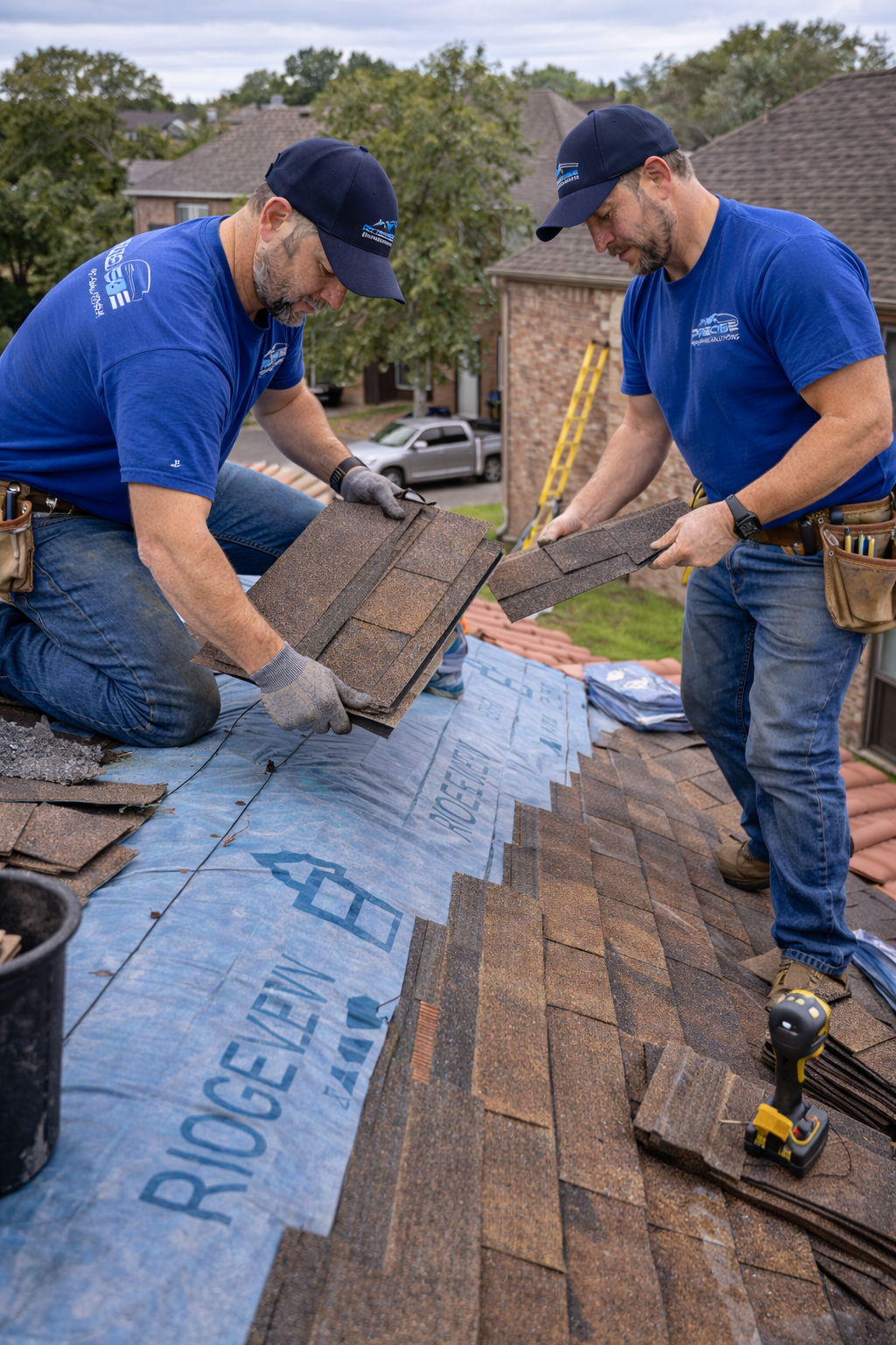Two roofers installing asphalt shingles on a residential roof in Humble, TX, showcasing expert roof replacement services by Precise Roofing Solutions.
