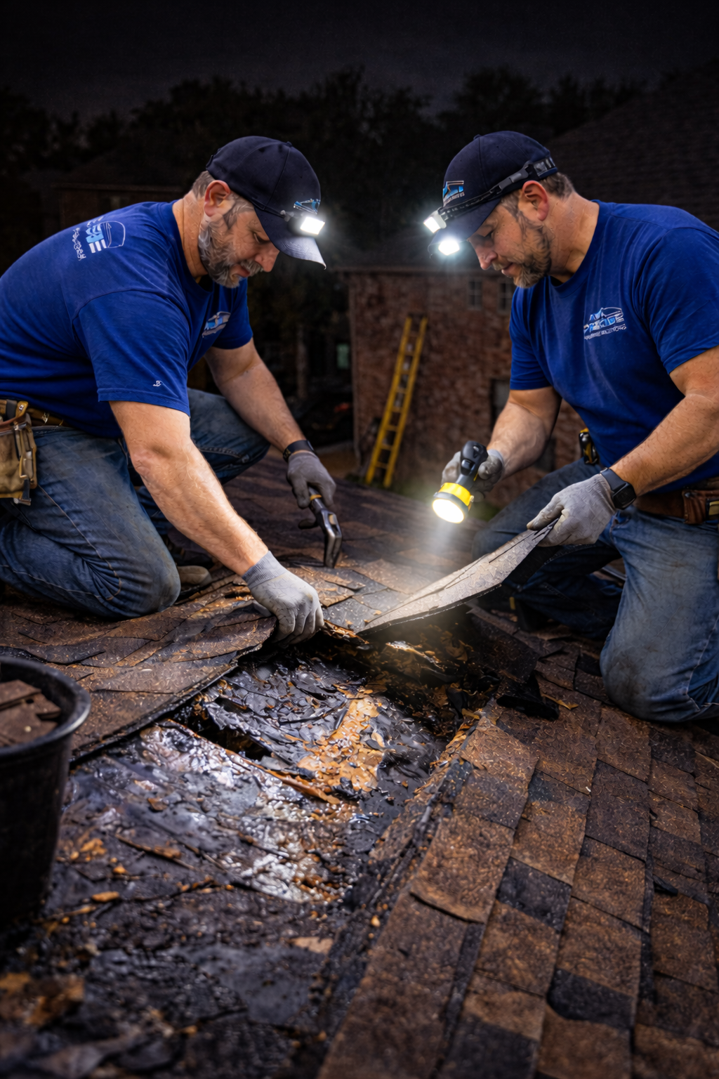 Roofing professionals from Precise Roofing Solutions inspecting and repairing damaged shingles during an emergency roof repair in Humble, TX, using flashlights for visibility.