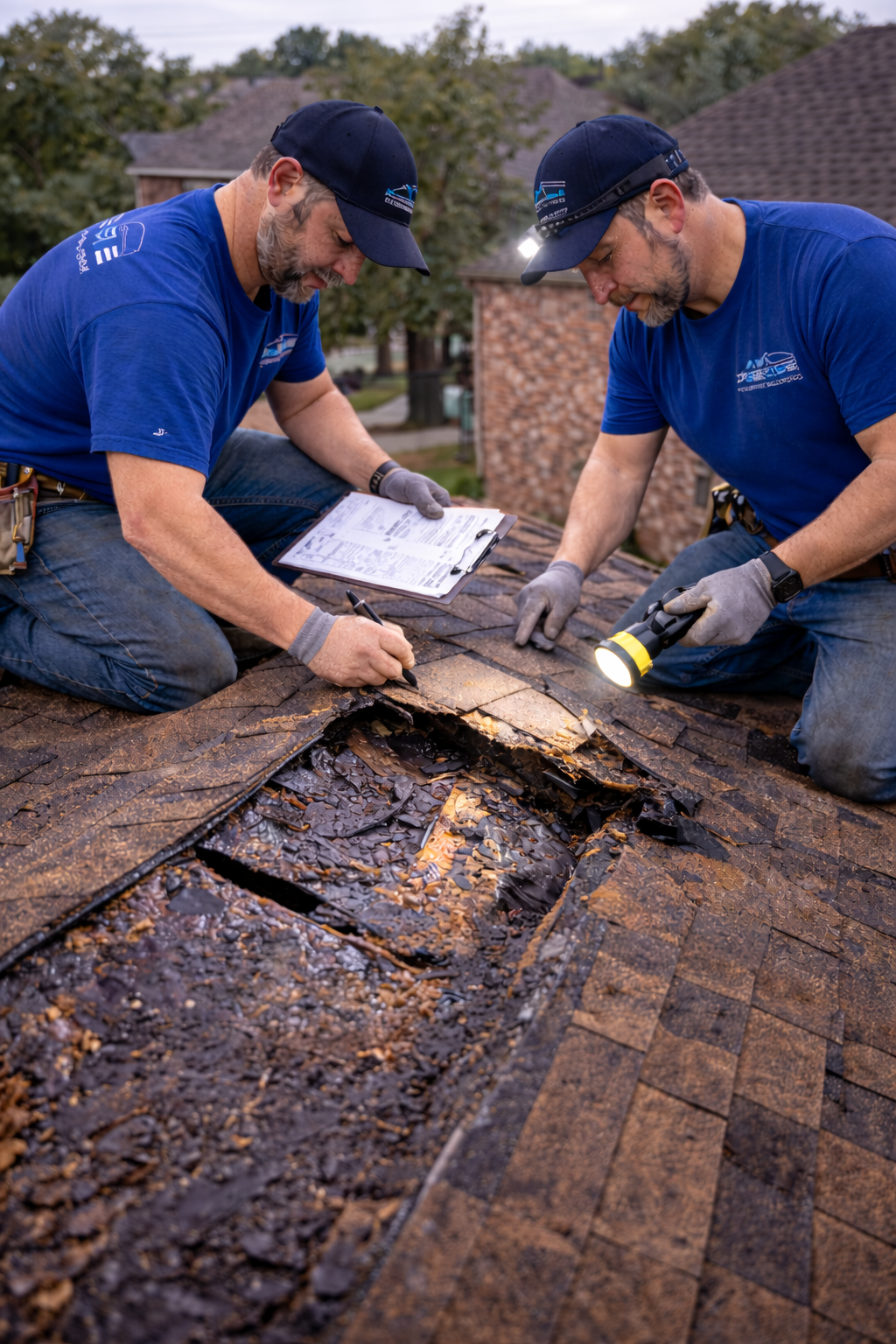 Two roofing technicians inspecting damaged shingles and assessing a roof leak, using a flashlight and clipboard, highlighting emergency roofing repair services in Humble, TX.