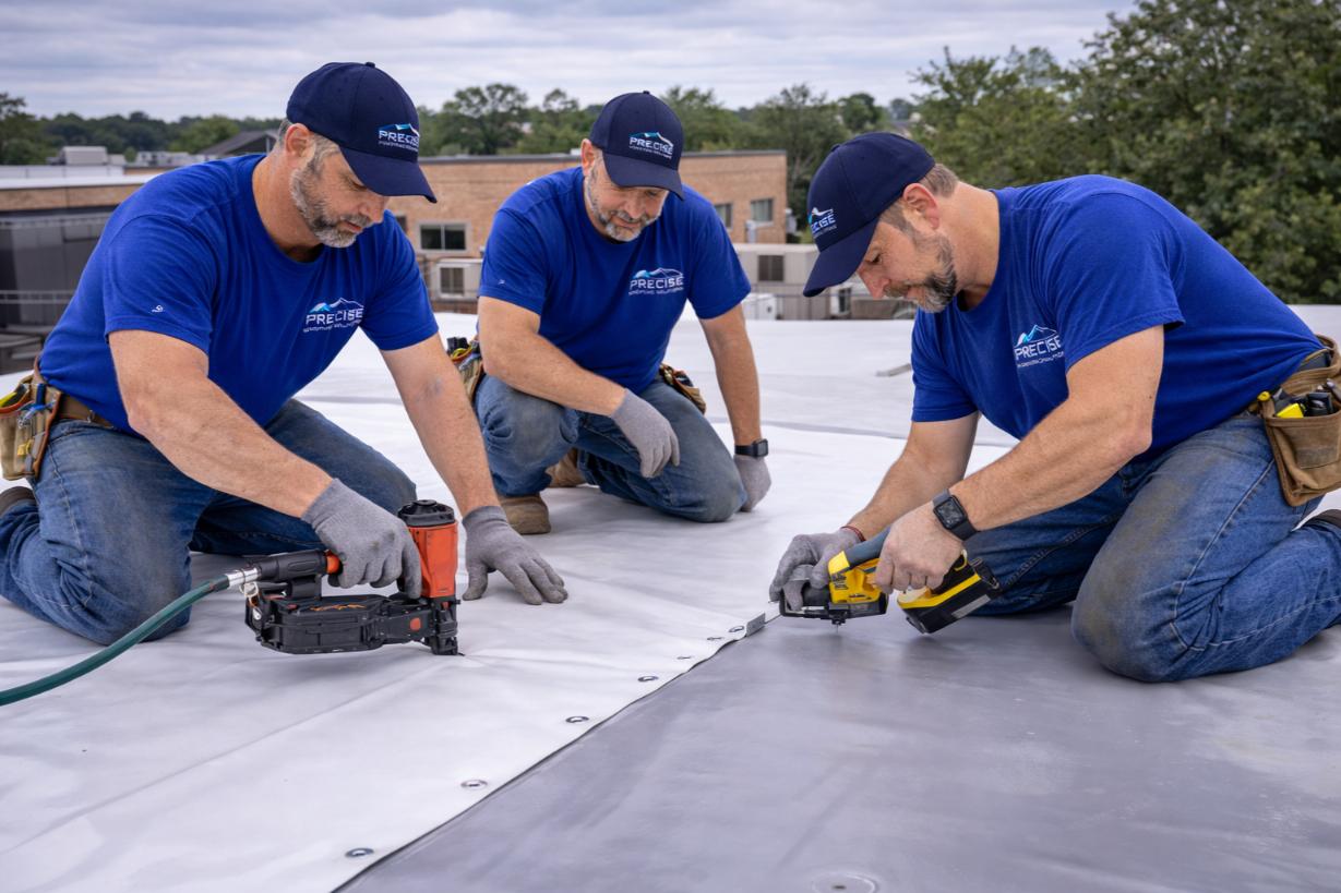 Three roofing professionals from Precise Roofing Systems working on a flat roof, performing repairs with tools, highlighting emergency roofing services in Amarillo, TX.
