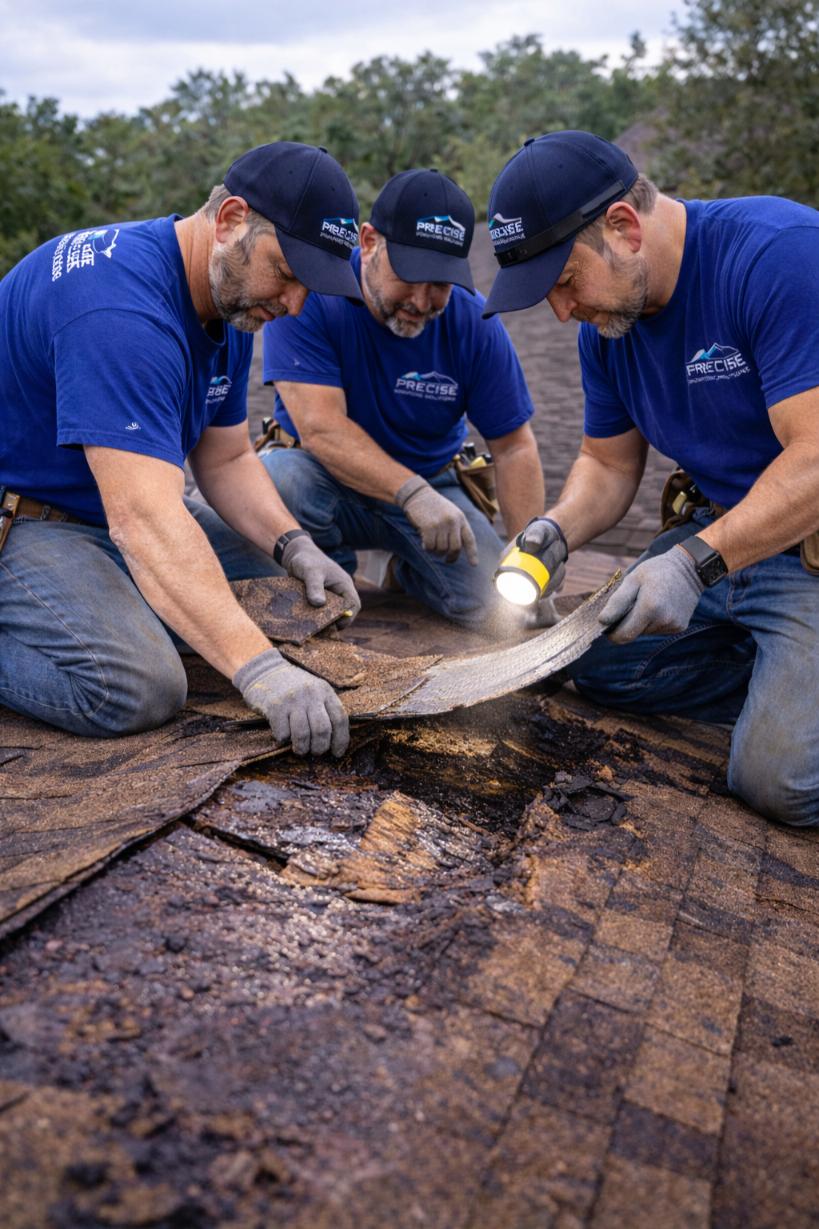 Three roof repair technicians from Precise Roofing Solutions inspecting and removing damaged shingles, revealing underlying roof issues, emphasizing storm damage repair services in Kingwood, TX.