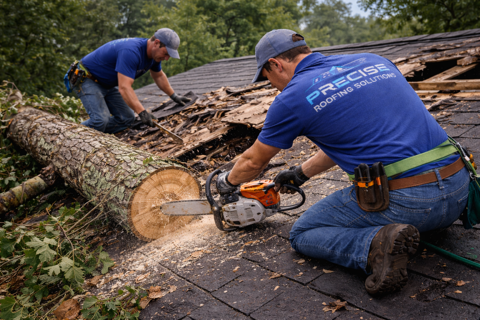 Two workers from Precise Roofing Solutions cutting a fallen tree on a roof, with debris scattered around, emphasizing roof maintenance and repair services.
