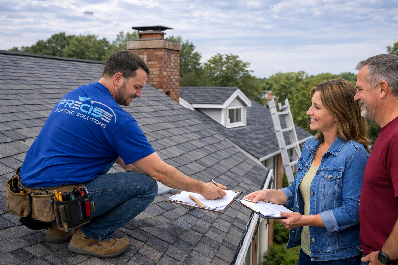 Roofing inspector from Precise Roofing Solutions assessing a residential roof while discussing options with homeowners in Amarillo, TX.