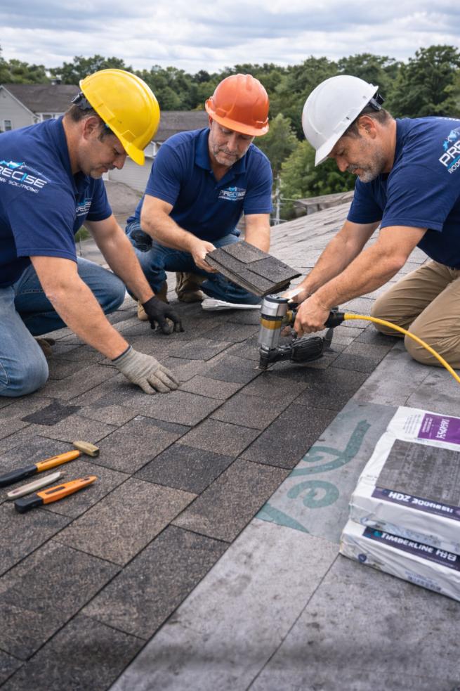 Three roofing professionals from Precise Roofing Solutions installing asphalt shingles on a residential roof in Tomball, TX, using pneumatic tools, with roofing materials and tools visible.