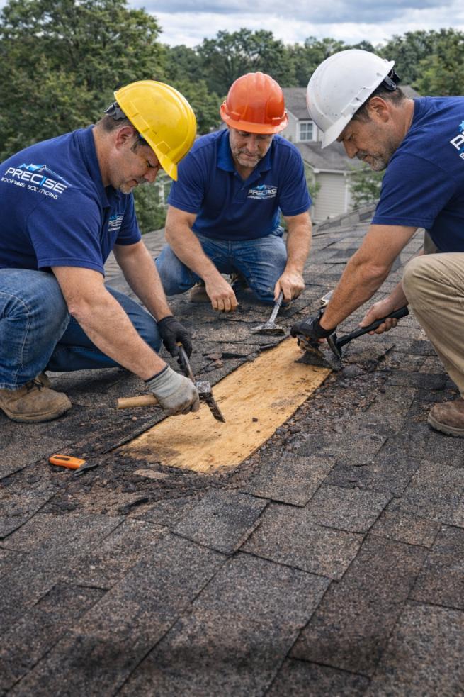 Three roofers from Precise Roofing Solutions repairing shingles on a residential roof in Tomball, TX, focusing on replacing damaged areas and ensuring roof integrity.
