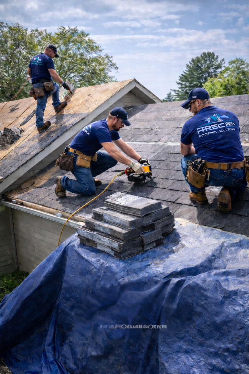 Roofing professionals from Precise Roofing Solutions working on a residential roof in Spring, TX, installing asphalt shingles with tools and stacked materials visible.