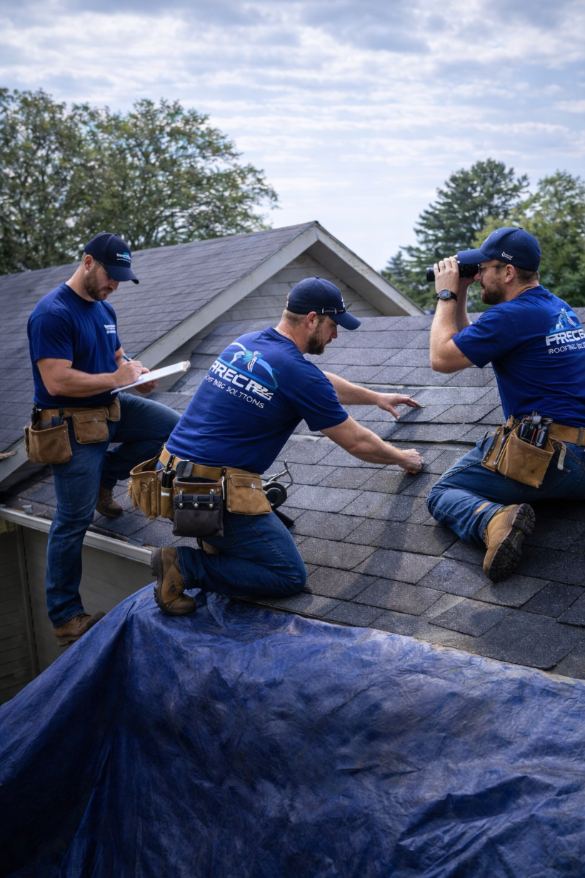 Three roofing professionals from Precise Roofing Solutions inspecting and repairing a residential roof, with one taking notes and another using binoculars, highlighting emergency roofing services in Spring, TX.