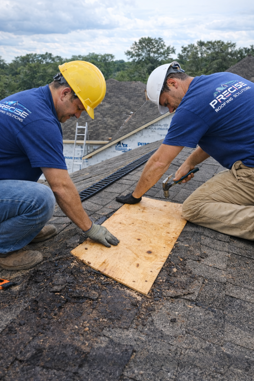 Two roofers from Precise Roofing Solutions repairing a damaged roof, focusing on replacing shingles and applying plywood, with a ladder and residential roofing backdrop.