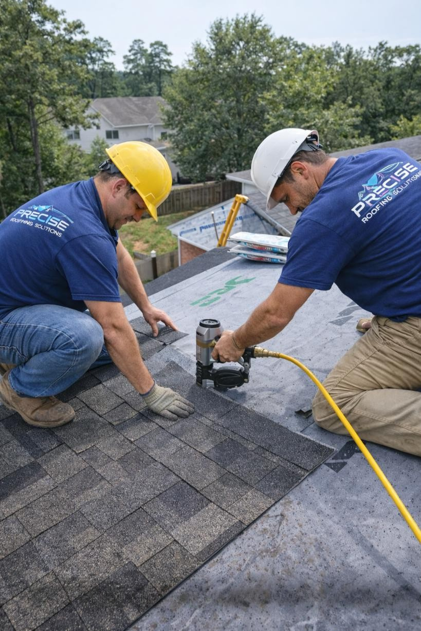 Two roofing professionals from Precise Roofing Solutions installing asphalt shingles on a roof in The Woodlands, TX, with roofing tools and materials visible in a residential setting.