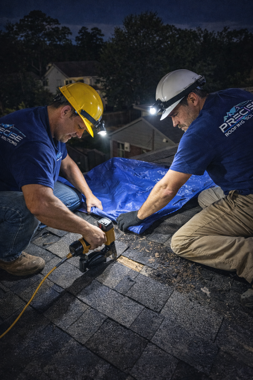 Two roofing professionals from Precise Roofing Solutions working at night, using a nail gun on a roof with a blue tarp, addressing emergency roof repairs in The Woodlands, TX.