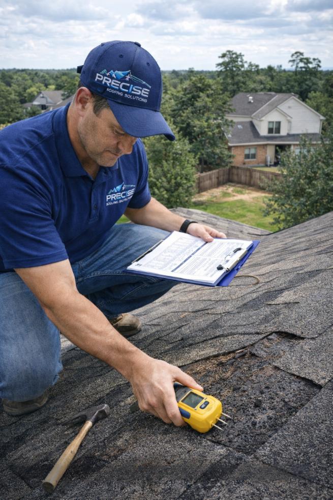 Roofing professional from Precise Roofing Solutions inspecting damaged shingles with moisture meter and clipboard on a residential roof in The Woodlands, TX.