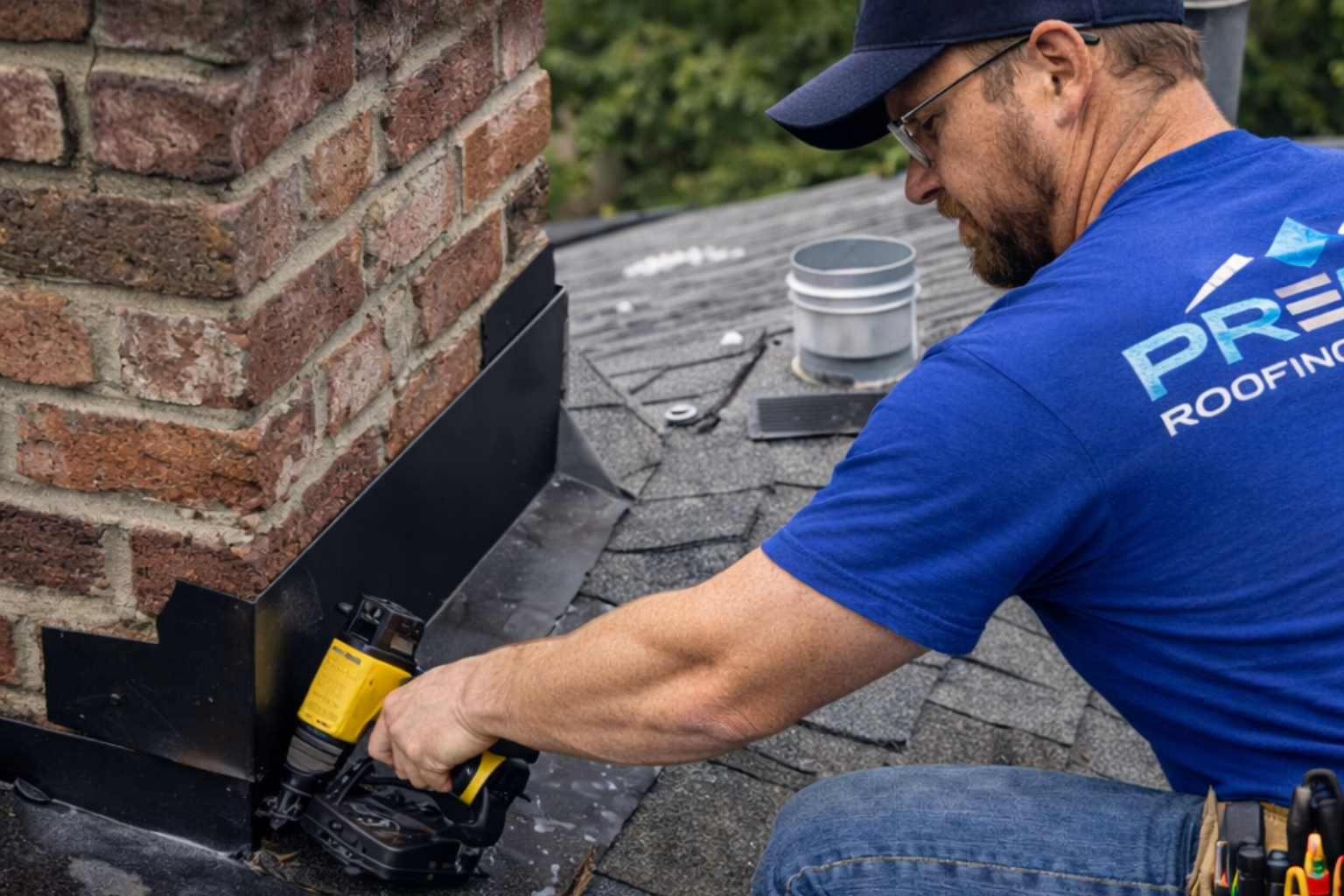 Professional roofer applying flashing around a brick chimney on a commercial roof, wearing a blue shirt with "Precise Roofing" branding, showcasing quality installation techniques.