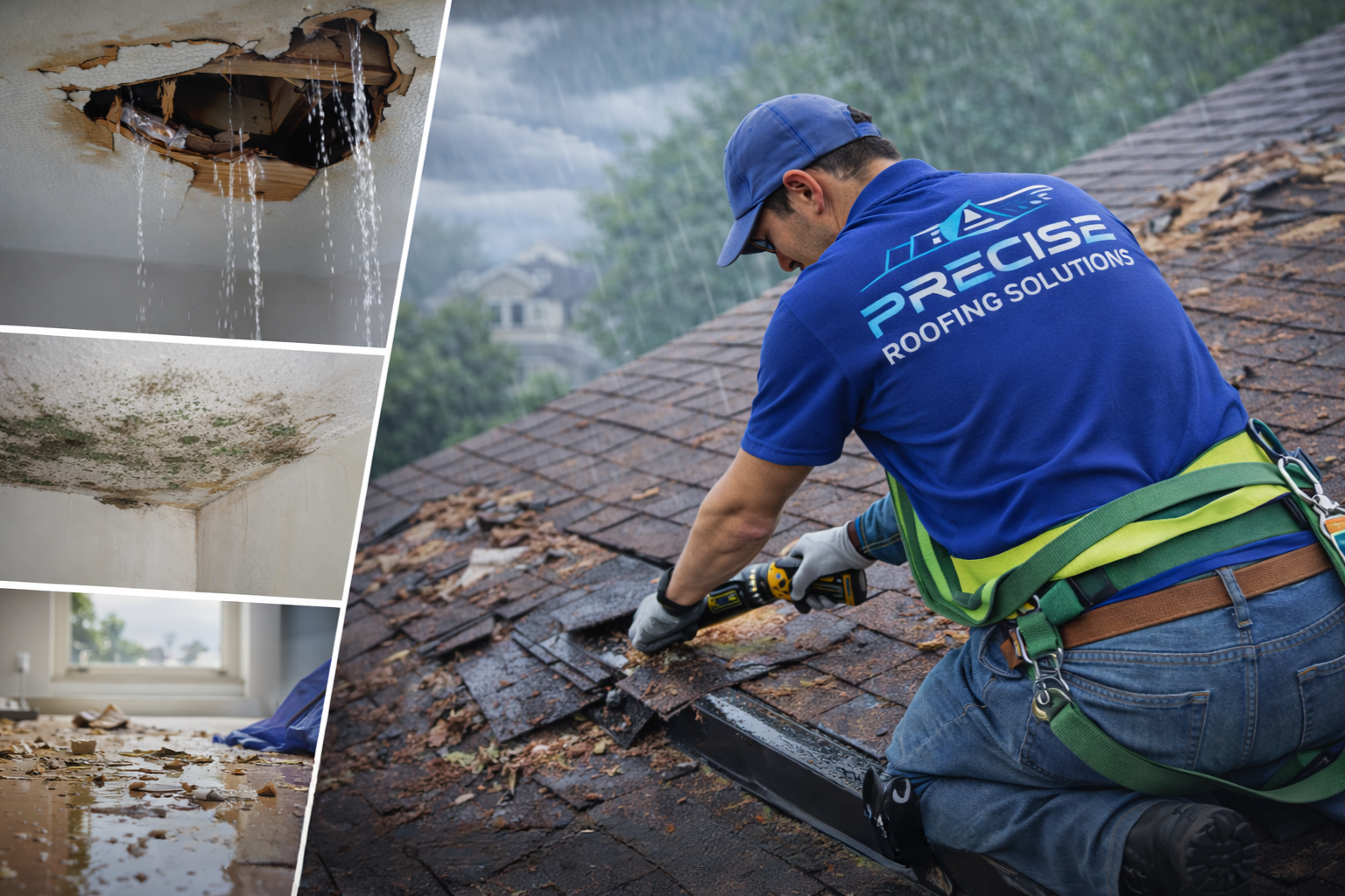 Roof repair by Precise Roofing Solutions, showing a worker removing damaged shingles from a roof during rain, alongside interior water damage with mold and dripping water.