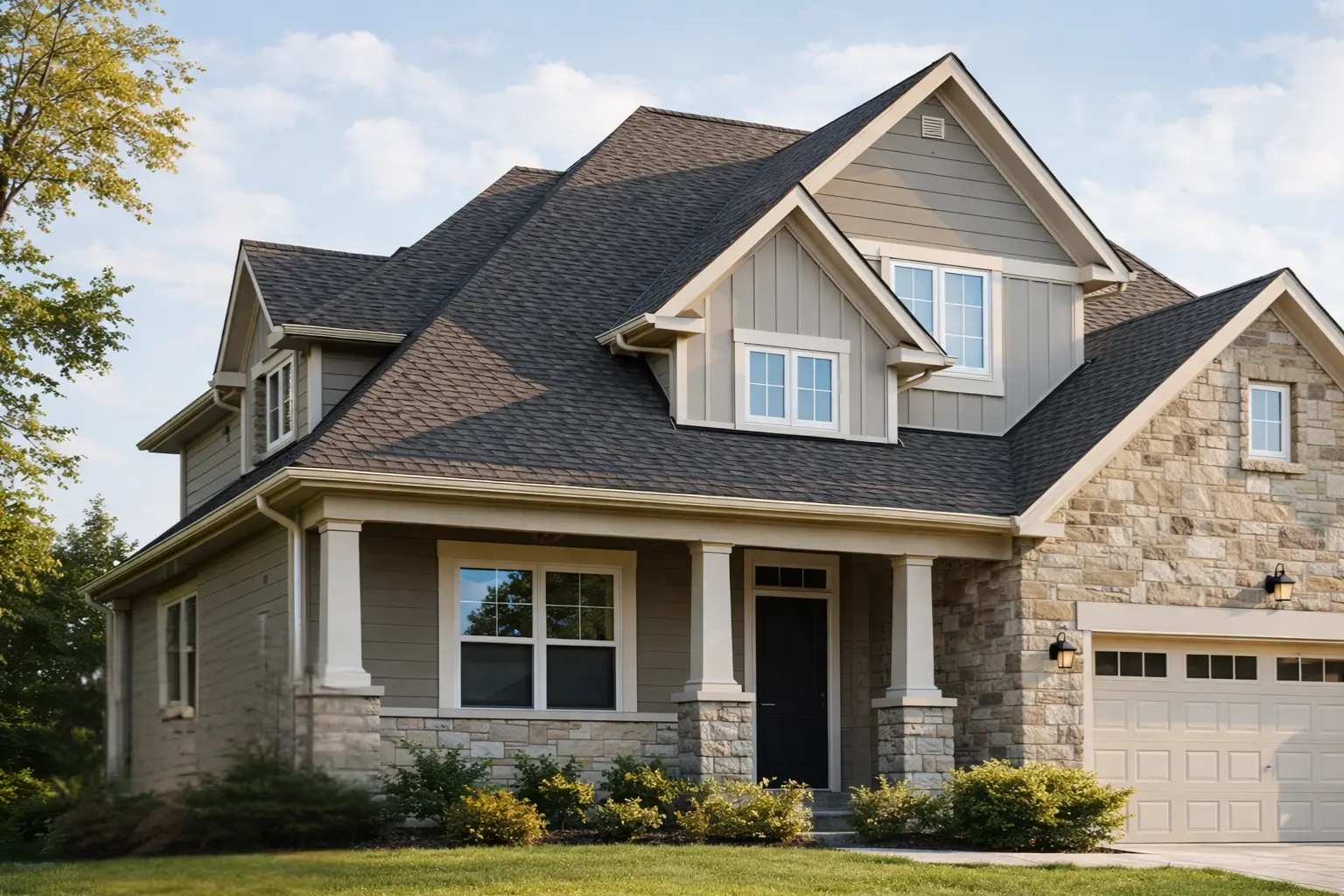 Residential home with a modern design featuring a stone and siding exterior, new roofing, and well-maintained landscaping, representing quality and curb appeal for potential buyers.
