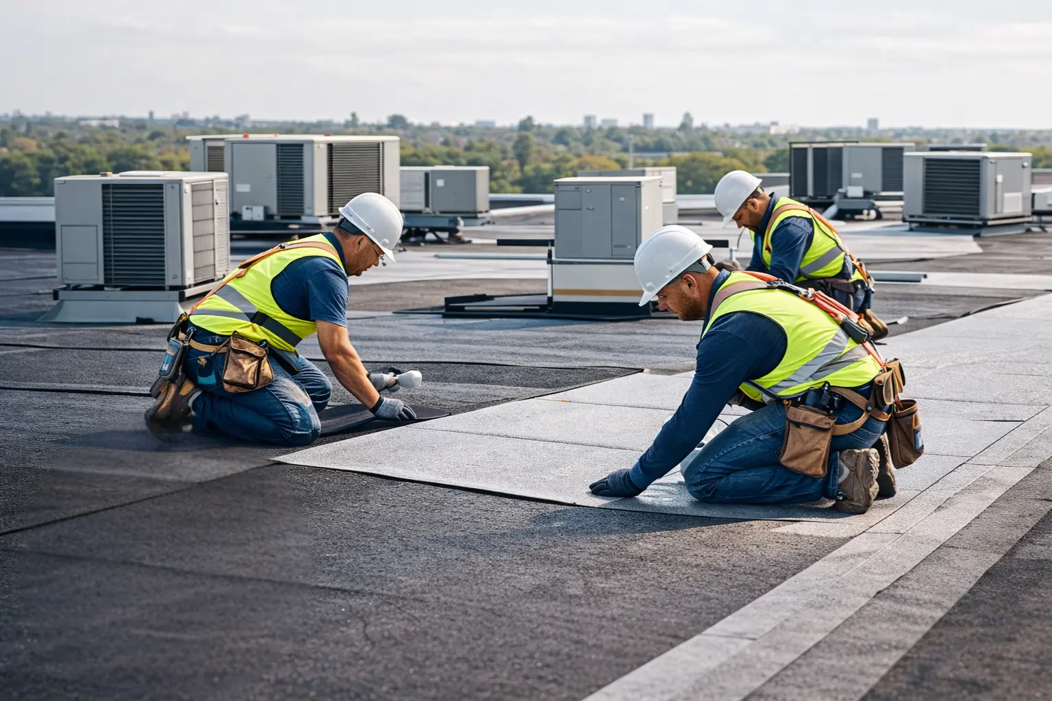 Three roofing contractors in safety gear installing a flat roofing system on a commercial building, with HVAC units visible in the background, emphasizing professional roof replacement services.