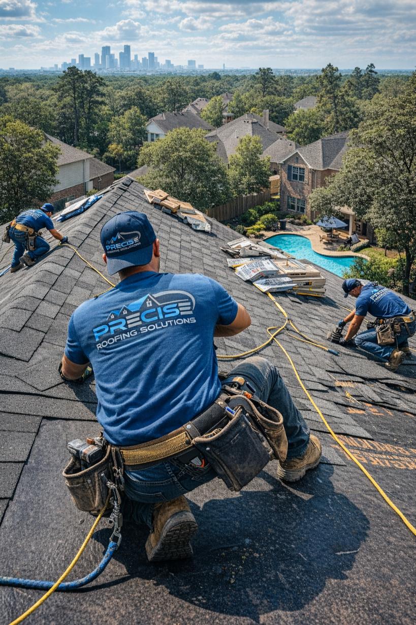 Roofing professionals from Precise Roofing Solutions performing roof repairs on a residential property in Conroe, TX, with a view of the city skyline in the background.