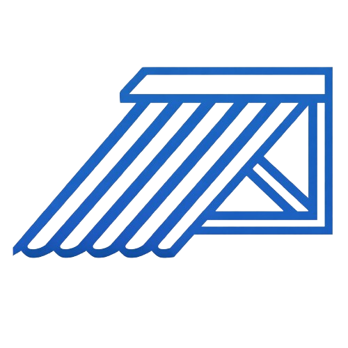 Roofing graphic featuring a blue outline of a roof structure with sloped shingles, representing high-quality roofing services offered by Precise Roofing Solutions.