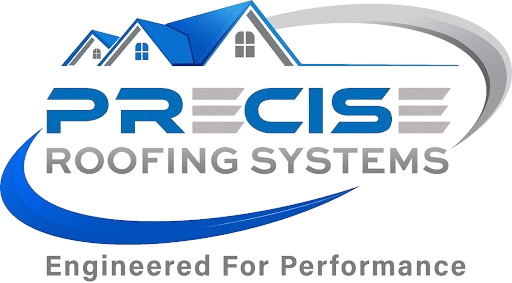 Logo of Precise Roofing Systems featuring a blue and gray design with stylized houses, emphasizing roofing solutions engineered for performance.