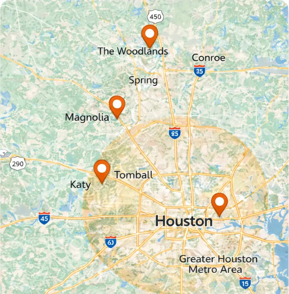 Map highlighting service areas for roof replacement in Houston, including The Woodlands, Spring, Magnolia, Tomball, and Katy, relevant to Precise Roofing Solutions' offerings.