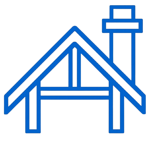 Blue outline of a house with a chimney, symbolizing quality roofing services and craftsmanship by Precise Roofing Solutions.
