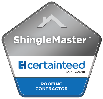 ShingleMaster certification badge from CertainTeed, representing a qualified roofing contractor.