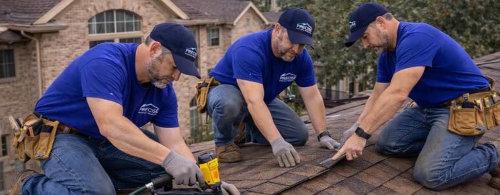 Three roofing specialists from Precise Roofing Solutions working together on a residential roof, performing repairs with tools, wearing branded blue shirts and caps.