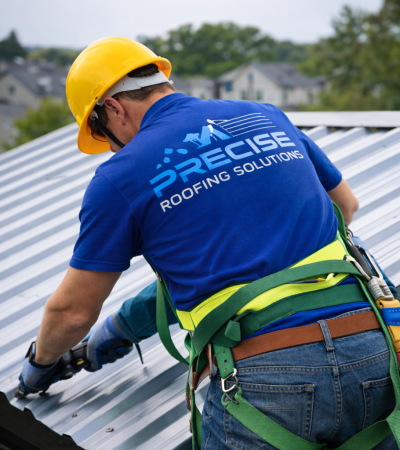 Worker in blue shirt with "Precise Roofing Solutions" logo repairing a commercial roof, wearing safety harness and helmet, demonstrating expert roofing services in Houston.