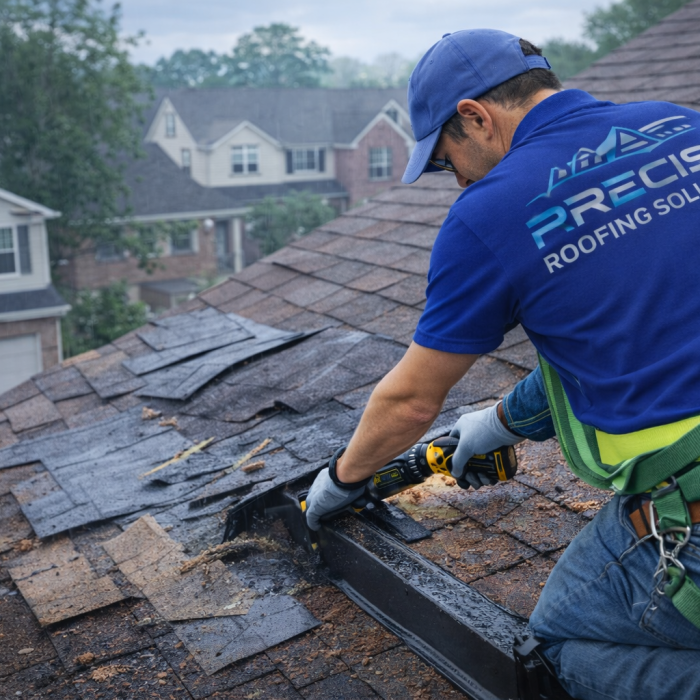 Roofing contractor from Precise Roofing Solutions repairing damaged shingles on a residential roof in Houston, showcasing professional roof repair services.